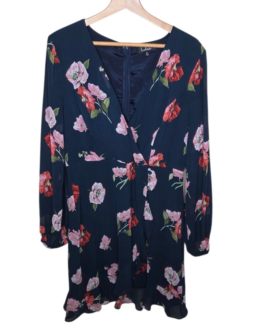 Lulus Navy Red Pink Floral Long Sleeve Crossover Neck Dress Size XL
